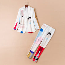 Load image into Gallery viewer, New Designer High Quality Runway White Two-piece Suit One Button Jacket Blazers Feet Pants Abstract Art Dyeing Suit Women 2020