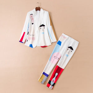 New Designer High Quality Runway White Two-piece Suit One Button Jacket Blazers Feet Pants Abstract Art Dyeing Suit Women 2020