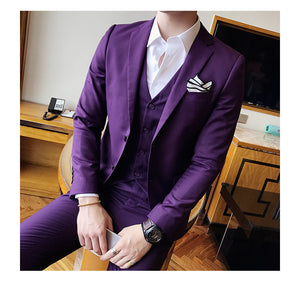 Men's wedding dress solid color Slim 3 piece set fashion business casual suit jacket wedding banquet dress men's clothing