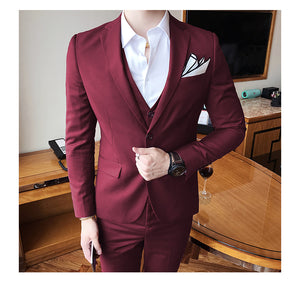 Men's wedding dress solid color Slim 3 piece set fashion business casual suit jacket wedding banquet dress men's clothing