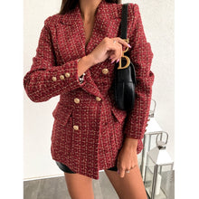 Load image into Gallery viewer, Plaid tweed double breasted blazer women long sleeve turn down collar slim jacket coat Elegant office women blazers and jackets