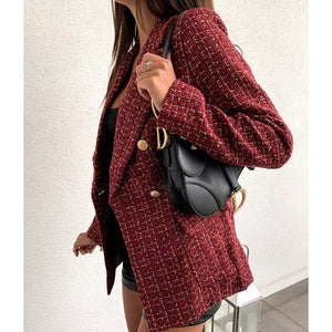 Plaid tweed double breasted blazer women long sleeve turn down collar slim jacket coat Elegant office women blazers and jackets