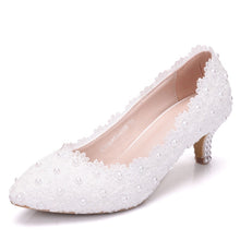 Load image into Gallery viewer, 2 Inches Kitten Heel Girl Dress Shoes White Pink Lace Flower Party Prom Shoes Plus Size 10 Wedding Bridal Shoes Bridesmaid Shoes