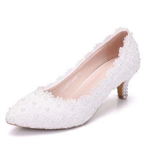 2 Inches Kitten Heel Girl Dress Shoes White Pink Lace Flower Party Prom Shoes Plus Size 10 Wedding Bridal Shoes Bridesmaid Shoes