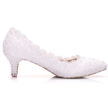 Load image into Gallery viewer, 2 Inches Kitten Heel Girl Dress Shoes White Pink Lace Flower Party Prom Shoes Plus Size 10 Wedding Bridal Shoes Bridesmaid Shoes