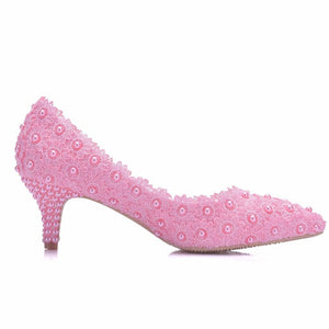 2 Inches Kitten Heel Girl Dress Shoes White Pink Lace Flower Party Prom Shoes Plus Size 10 Wedding Bridal Shoes Bridesmaid Shoes