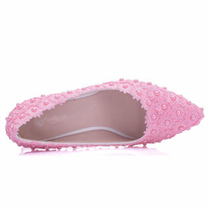 2 Inches Kitten Heel Girl Dress Shoes White Pink Lace Flower Party Prom Shoes Plus Size 10 Wedding Bridal Shoes Bridesmaid Shoes