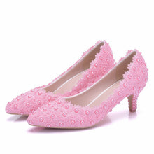 Load image into Gallery viewer, 2 Inches Kitten Heel Girl Dress Shoes White Pink Lace Flower Party Prom Shoes Plus Size 10 Wedding Bridal Shoes Bridesmaid Shoes