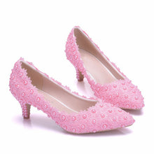 Load image into Gallery viewer, 2 Inches Kitten Heel Girl Dress Shoes White Pink Lace Flower Party Prom Shoes Plus Size 10 Wedding Bridal Shoes Bridesmaid Shoes