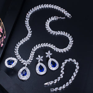 CWWZircons Water Drop Royal Blue CZ Necklace Earrings Ring And Bracelet 4 Piece Wedding Jewelry Set For Women Bridal Party T098