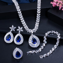 Load image into Gallery viewer, CWWZircons Water Drop Royal Blue CZ Necklace Earrings Ring And Bracelet 4 Piece Wedding Jewelry Set For Women Bridal Party T098