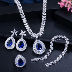 CWWZircons Water Drop Royal Blue CZ Necklace Earrings Ring And Bracelet 4 Piece Wedding Jewelry Set For Women Bridal Party T098