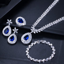 Load image into Gallery viewer, CWWZircons Water Drop Royal Blue CZ Necklace Earrings Ring And Bracelet 4 Piece Wedding Jewelry Set For Women Bridal Party T098