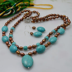 100% Natural Freshwater Pearl Jewelry Set,Brown Color Rice Pearls Blue Turquoises 2 Rows Necklace Silver Dangle Earrings