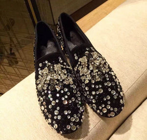 Gold Black 2020 Handmade Rhinestone  Men Shoes Crystal Loafers Male Luxury Party Wedding Shoes Slip on Men's Flat shoes