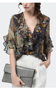 Fashion Women Summer Printed Chiffon Blouse Ruffles Half Sleeve V-Neck Tops Loose Plus Size Long Tail Ladies Casual Blouses