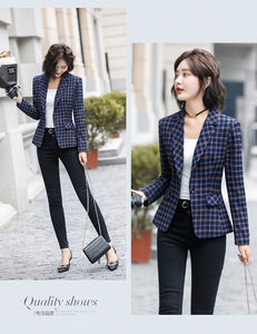 PEONFLY Classic Plaid Single Button Women Jacket Blazer Casual Notched Collar Slim Female Suits Coat Fashion Blazer Femme