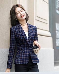 PEONFLY Classic Plaid Single Button Women Jacket Blazer Casual Notched Collar Slim Female Suits Coat Fashion Blazer Femme