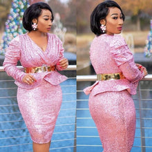 Load image into Gallery viewer, Pink Sequined Dresses Without Sash Peplum Pleats Robe de soiree Long Sleeves  Plus Size Mermaid Evening  Gowns