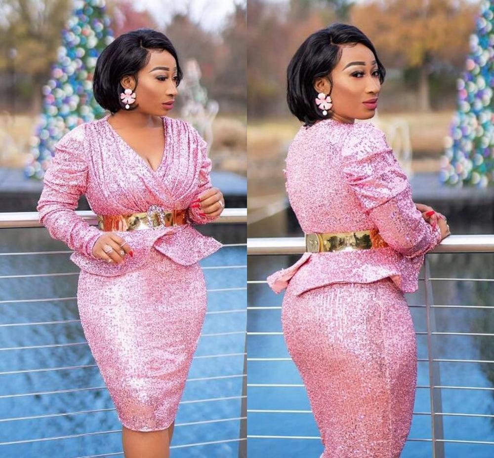 Pink Sequined Dresses Without Sash Peplum Pleats Robe de soiree Long Sleeves  Plus Size Mermaid Evening  Gowns