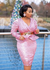 Pink Sequined Dresses Without Sash Peplum Pleats Robe de soiree Long Sleeves  Plus Size Mermaid Evening  Gowns