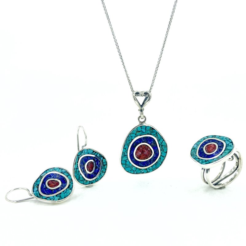 Coral, Turquoise, Lapis Hand Production Mosaic Silver Set Suit