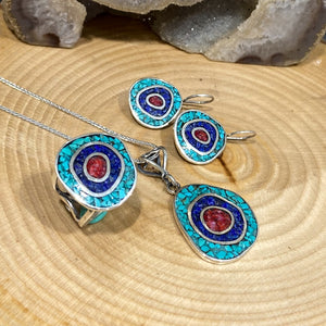 Coral, Turquoise, Lapis Hand Production Mosaic Silver Set Suit