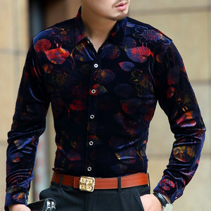 Floral printing high-end gold velvet boutique long-sleeved shirt 2020 Autumn&Winter New fashion casual quality men shirt S-4XL