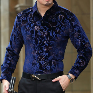 Floral printing high-end gold velvet boutique long-sleeved shirt 2020 Autumn&Winter New fashion casual quality men shirt S-4XL