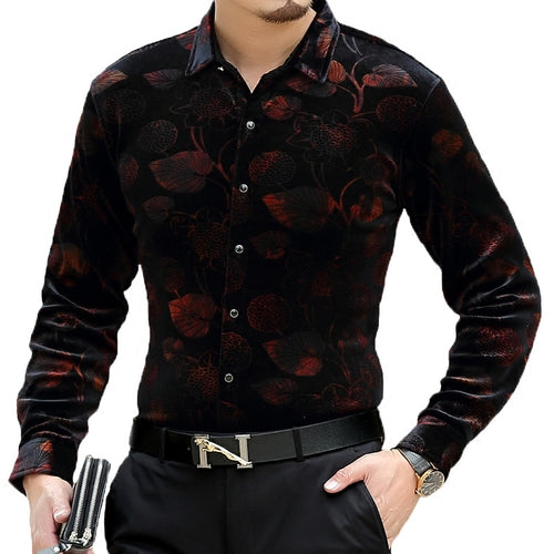 Floral printing high-end gold velvet boutique long-sleeved shirt 2020 Autumn&Winter New fashion casual quality men shirt S-4XL