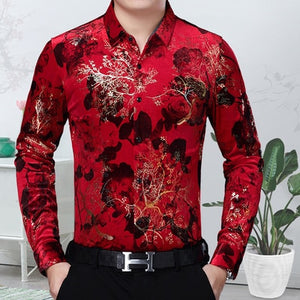 Floral printing high-end gold velvet boutique long-sleeved shirt 2020 Autumn&Winter New fashion casual quality men shirt S-4XL