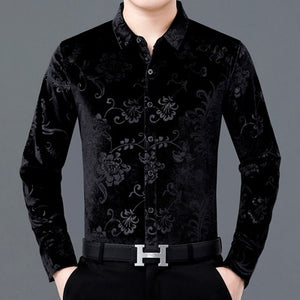 Floral printing high-end gold velvet boutique long-sleeved shirt 2020 Autumn&Winter New fashion casual quality men shirt S-4XL