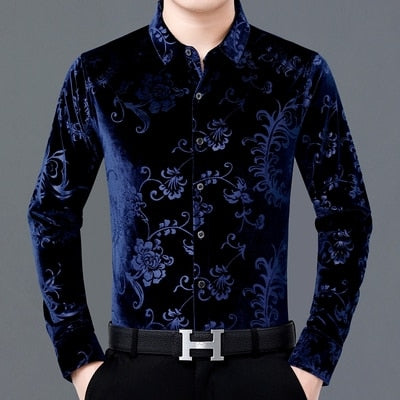 Floral printing high-end gold velvet boutique long-sleeved shirt 2020 Autumn&Winter New fashion casual quality men shirt S-4XL