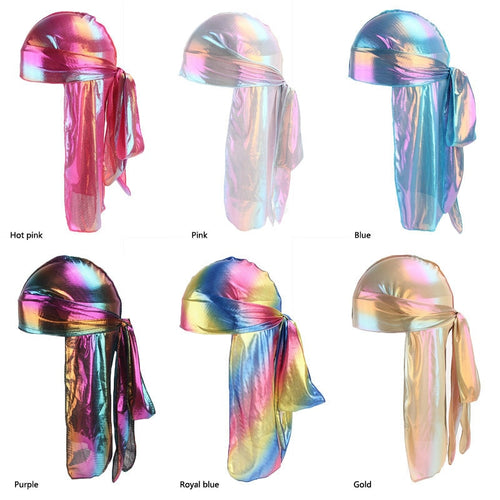 Autumn New Women Shiny Silky Durag Elastic Long Tail Hat Bandanas Sparkly Headband Colorful Hair Accessories Turban