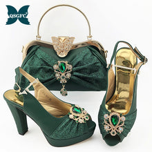 Load image into Gallery viewer, Dark Green Women Matching Shoes and Bag Set Office Lady Shoes and Bag Mature Style Shoes for Party with Shinng Crystal