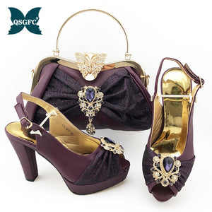 Dark Green Women Matching Shoes and Bag Set Office Lady Shoes and Bag Mature Style Shoes for Party with Shinng Crystal