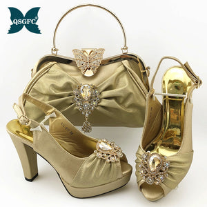 Dark Green Women Matching Shoes and Bag Set Office Lady Shoes and Bag Mature Style Shoes for Party with Shinng Crystal