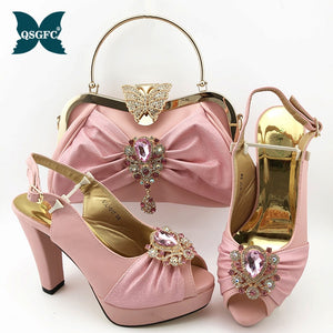 Dark Green Women Matching Shoes and Bag Set Office Lady Shoes and Bag Mature Style Shoes for Party with Shinng Crystal