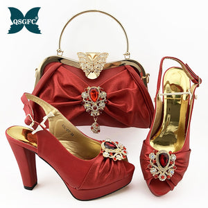 Dark Green Women Matching Shoes and Bag Set Office Lady Shoes and Bag Mature Style Shoes for Party with Shinng Crystal