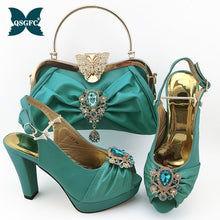 Load image into Gallery viewer, Dark Green Women Matching Shoes and Bag Set Office Lady Shoes and Bag Mature Style Shoes for Party with Shinng Crystal