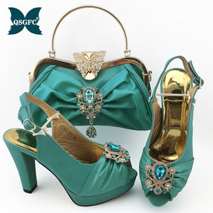 Dark Green Women Matching Shoes and Bag Set Office Lady Shoes and Bag Mature Style Shoes for Party with Shinng Crystal