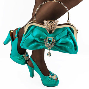 Dark Green Women Matching Shoes and Bag Set Office Lady Shoes and Bag Mature Style Shoes for Party with Shinng Crystal