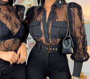 lessverge Sexy Mesh Transparent Lace Blouse Shirt Women Long Sleeve Vintage Black Blouses tops Elegant Office Ladies Blouses