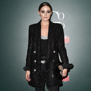 High Quality Fashion 2020 Designer Blazer Women Double Lion Buttons Shawl Collar Glitter Sequined Long Runway Black Blazers