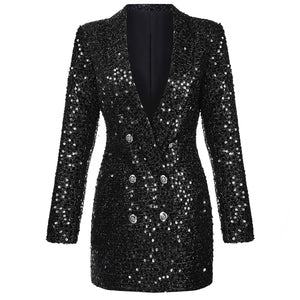 High Quality Fashion 2020 Designer Blazer Women Double Lion Buttons Shawl Collar Glitter Sequined Long Runway Black Blazers