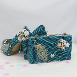 BaoYaFang Teal Blue Pearl wedding shoes with matching bags bride High heels platform shoes Round Toe green blue Shoe and Bag Set