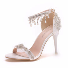 Load image into Gallery viewer, Crystal Queen Summer Sandals White Bridal Dress Shoes Peep Toes Wedding Women Shoes High Heels Rhinestone Ankle Straps