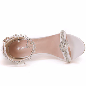 Crystal Queen Summer Sandals White Bridal Dress Shoes Peep Toes Wedding Women Shoes High Heels Rhinestone Ankle Straps