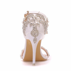 Crystal Queen Summer Sandals White Bridal Dress Shoes Peep Toes Wedding Women Shoes High Heels Rhinestone Ankle Straps