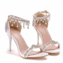 Load image into Gallery viewer, Crystal Queen Summer Sandals White Bridal Dress Shoes Peep Toes Wedding Women Shoes High Heels Rhinestone Ankle Straps